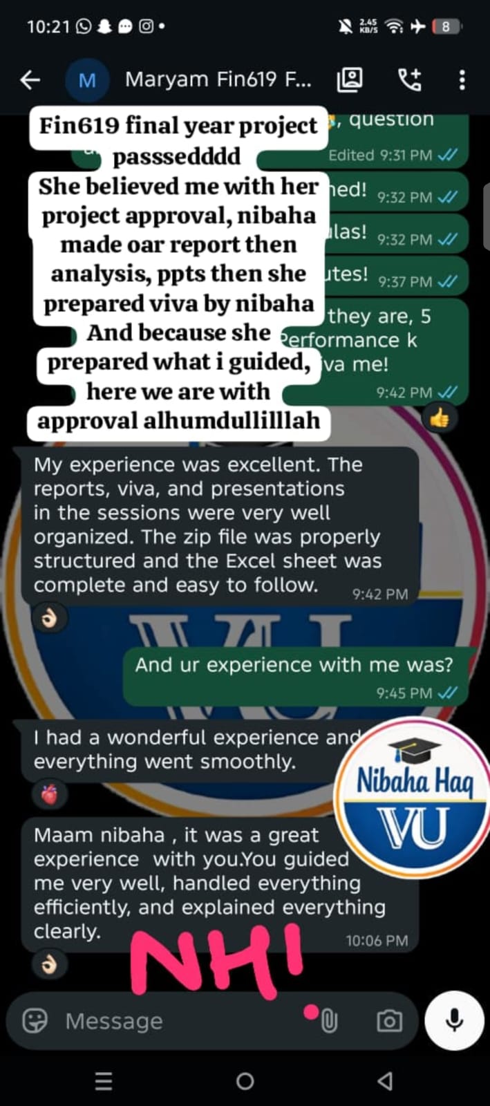 Student testimonial — FIN619 Meezan Bank project guided by Nibaha Haq