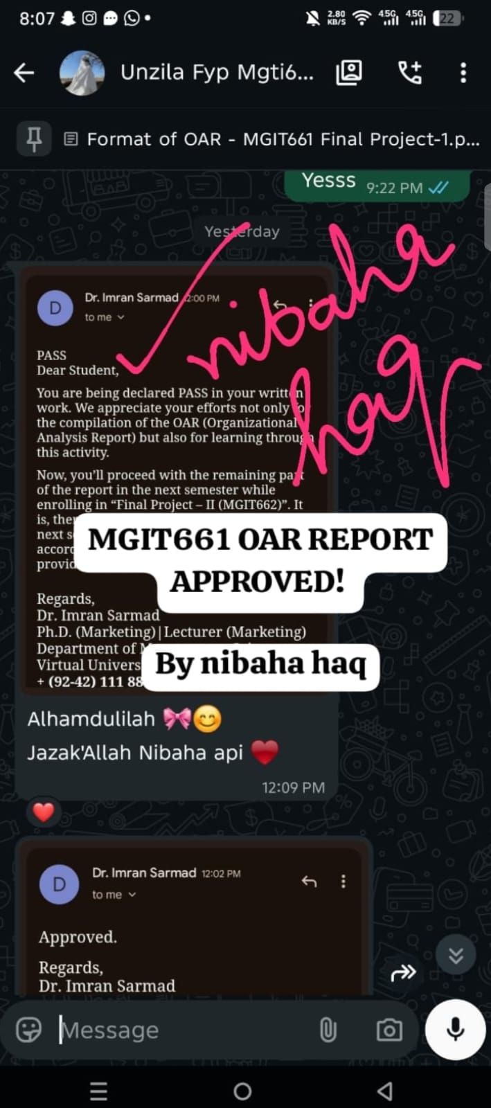 Dr. Imran Sarmad — PASS, MGIT661 OAR Report approved by Nibaha Haq