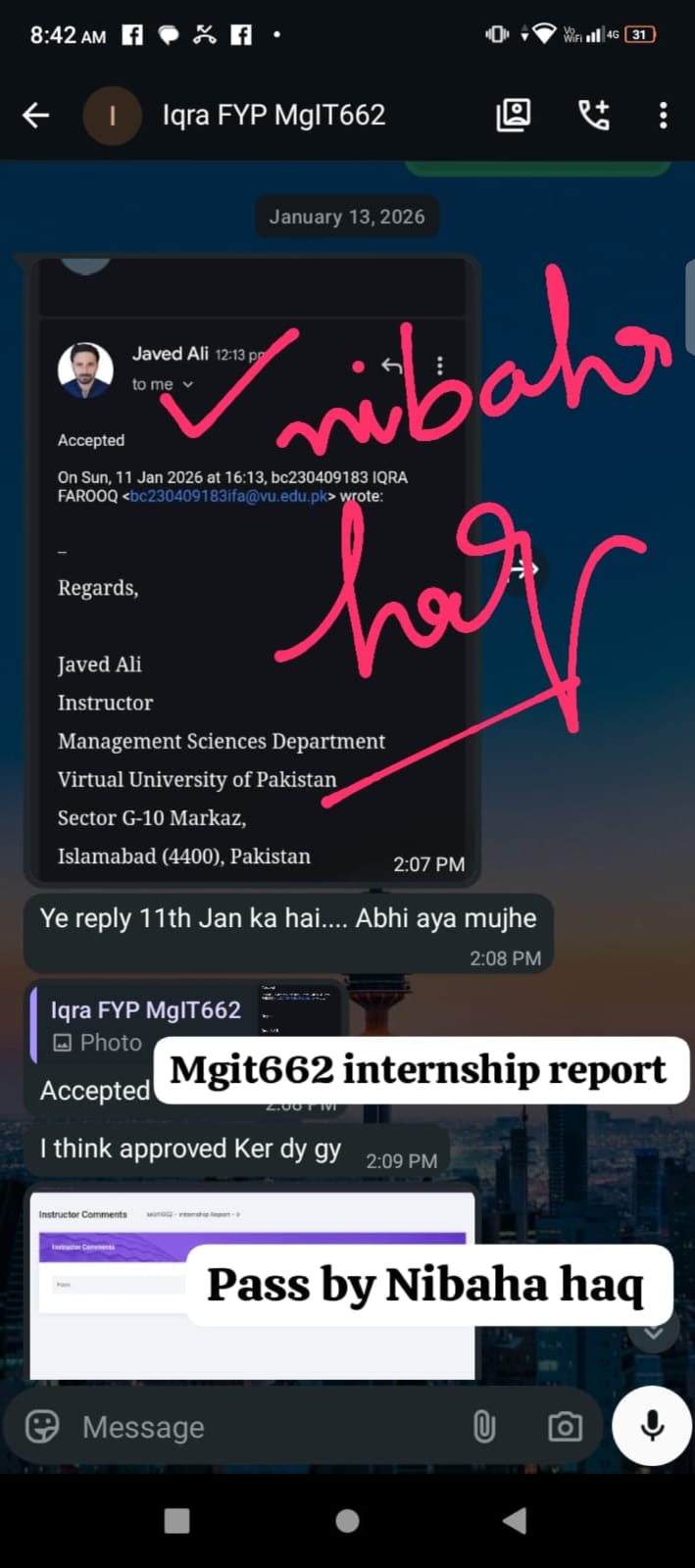 Instructor Javed Ali — Accepted, MGIT662 internship report
